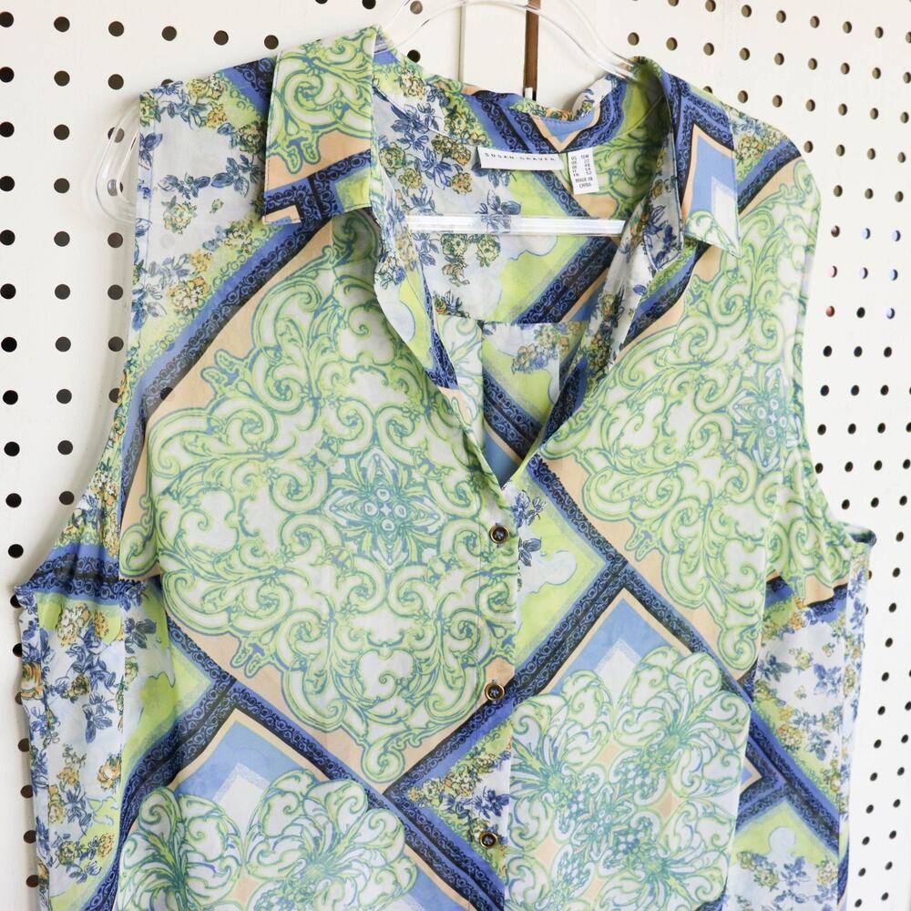 Susan Graver SIZE 18W Printed Sheer Chiffon Button Vest Green Blue A353359 - Picture 2 of 9
